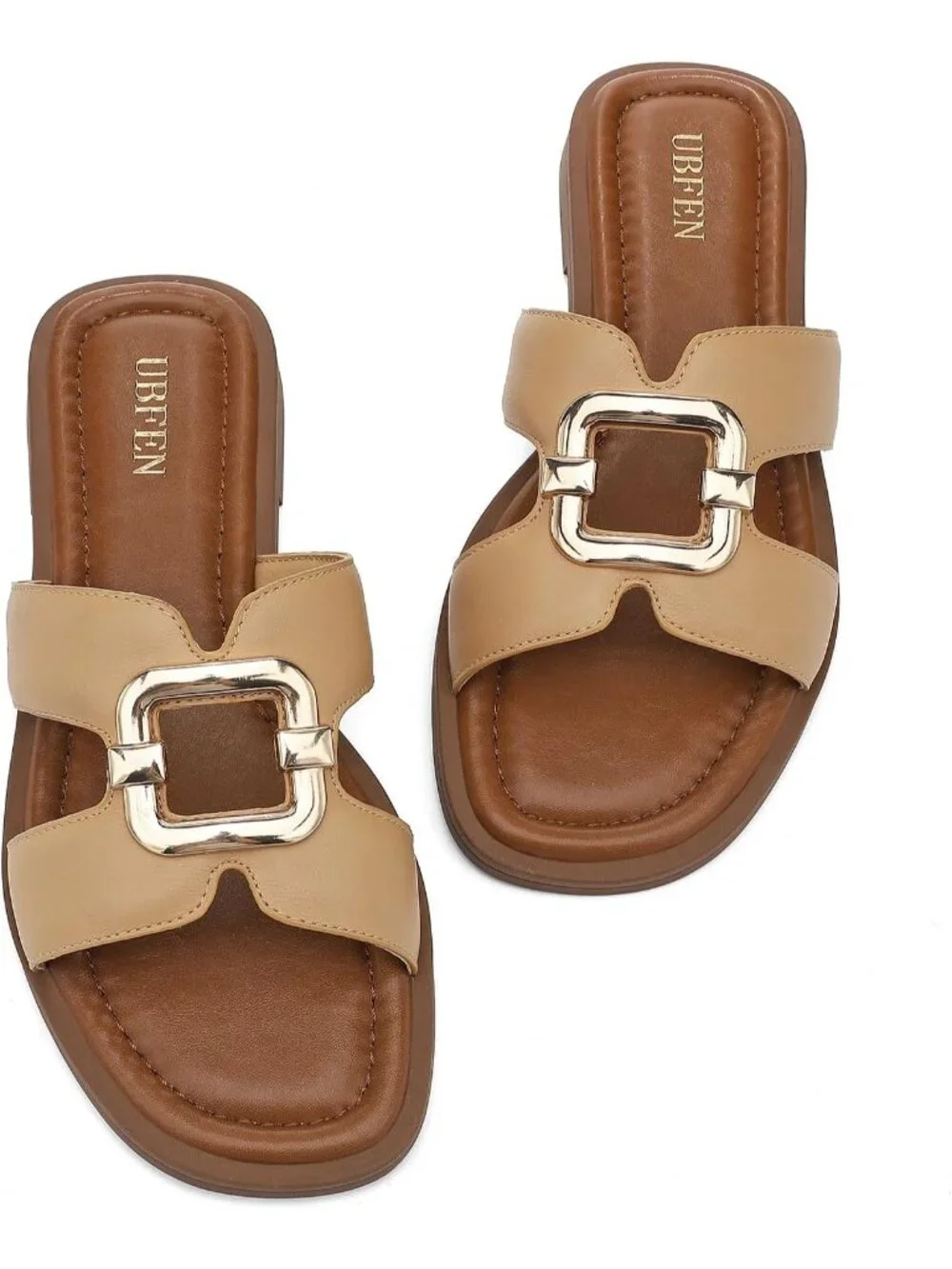 Women's Khaki Square Toe Flat Sandals Slides Dressy Comfortable for Beach